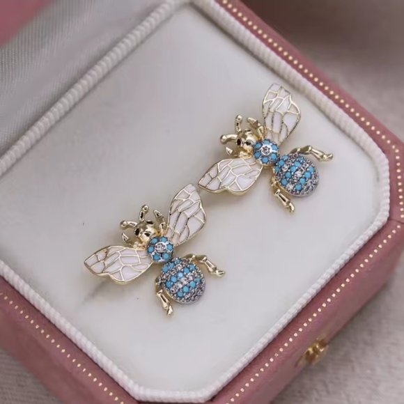 Anthropologie Jewelry - Gold Bee Earrings with Blue and White Accents